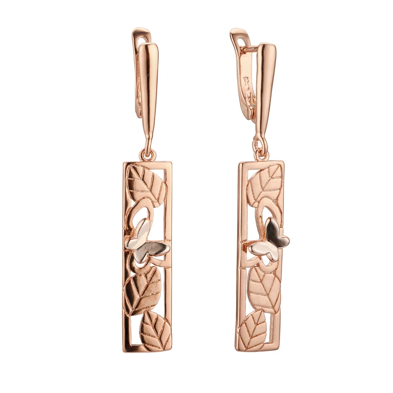 

FJ Woman Rectangular Hollow Shaped 585 Rose Gold Color Hollow Leaf Three-dimensional Butterfly Elegant Fashion Pendant Earrings