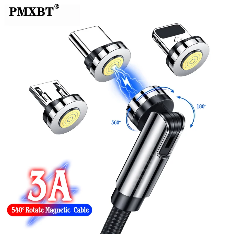 

3A Magnetic USB Cable 540 Degree Rotate Fast Charging Cord For iPhone 12 Pro Max Xiaomi 11 Samsung S9 Mobile Phone Charger Cable