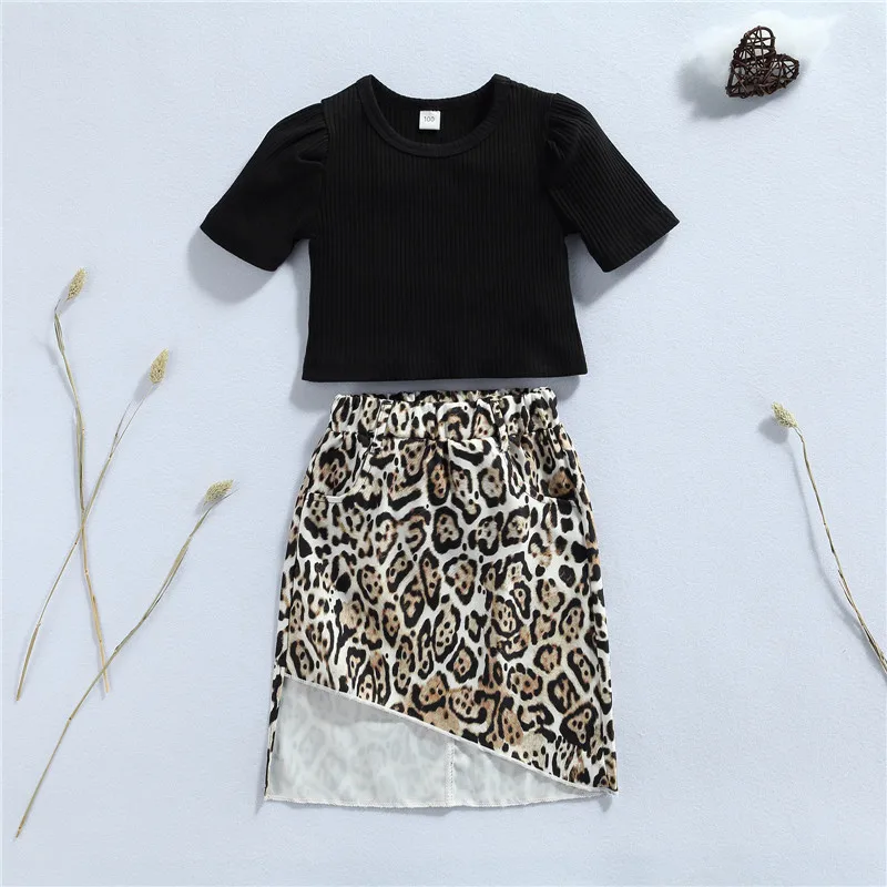 

2Pieces Kids Suit Set Toddler Solid Color Round Neck Short Sleeve Tops+ Leopard Print Skirt 6 Months-5 Years