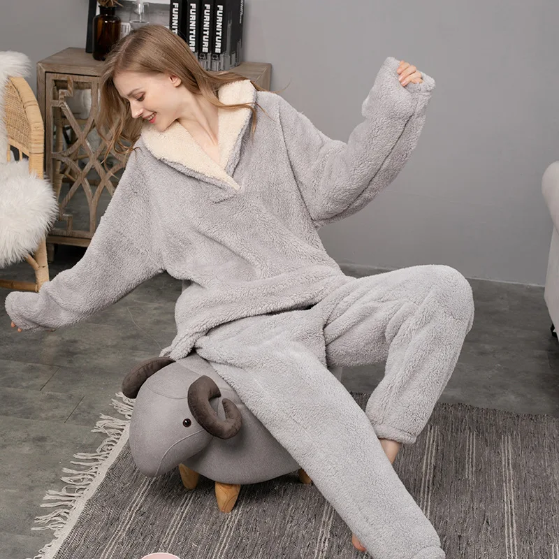 Fleece Pajamas Women Autumn and Winter Flannel Pajamas Pajamas Set Plus Velvet Thickening Couples Home Service  Sleep Sets
