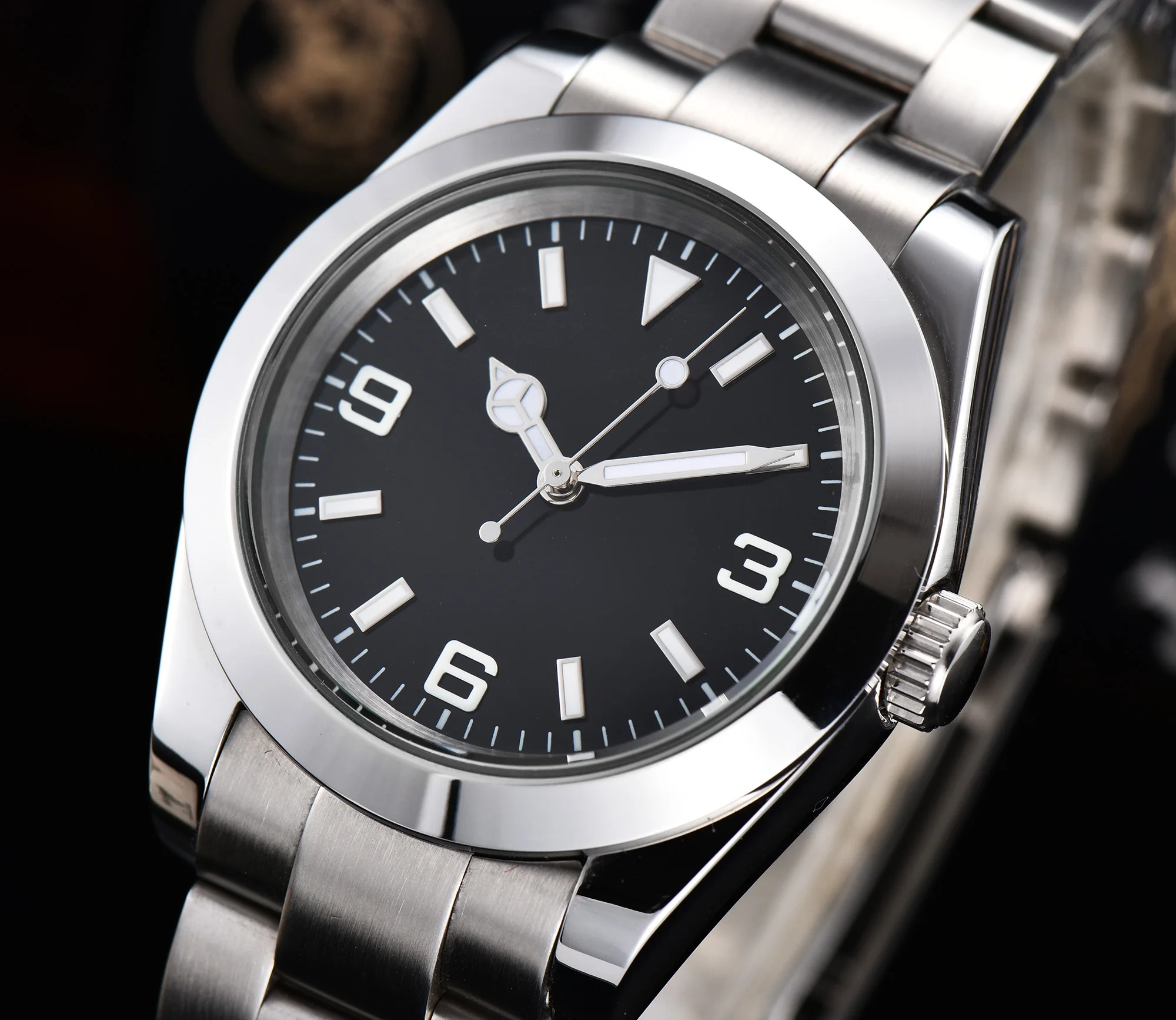 Мужские часы 39 мм автоматический черный циферблат светящиеся рука сапфировое