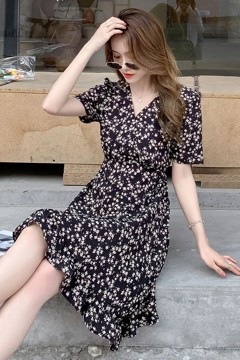 

COIGARSAM Floral Print Women dress Summer Chiffon Short Sleeve High Waist Dresses Black White 8230