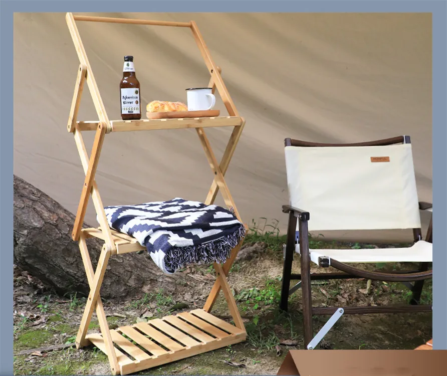

Outdoor bamboo and wood PICNIC CAMPING multifunctional shelf simple tableware rack folding portable kitchen shelf customized
