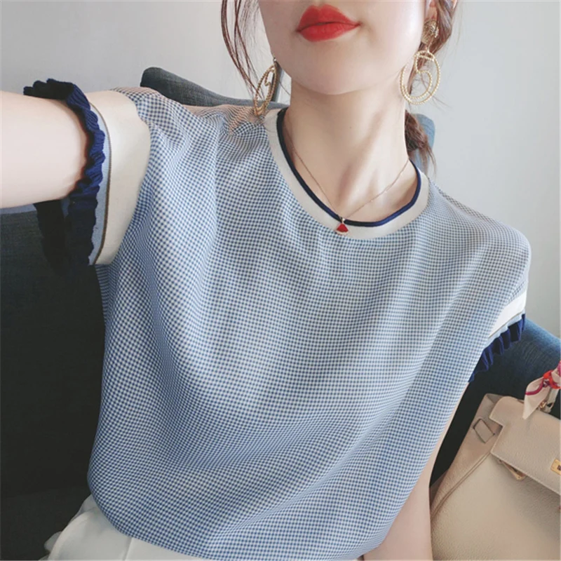 

20686 нереальная сетчатая Красная футболка с круглым вырезом и коротким рукавом в клетку