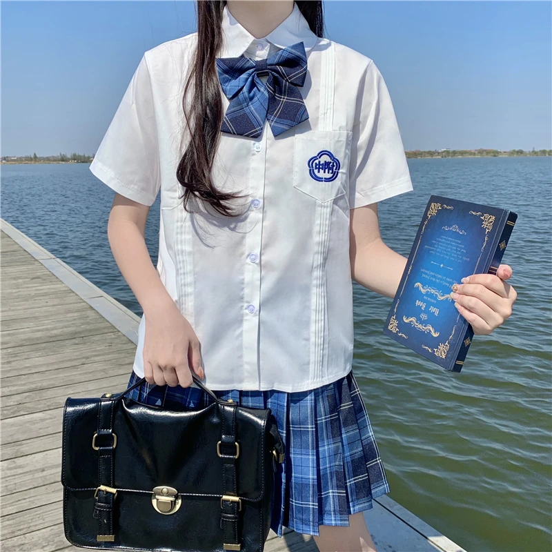 

2021 Summer New Navy Blue Middle School Uniform Shirt Girl Embroidery Jk White Shirt Short-Sleeved Organ Pleats Female Za Traf