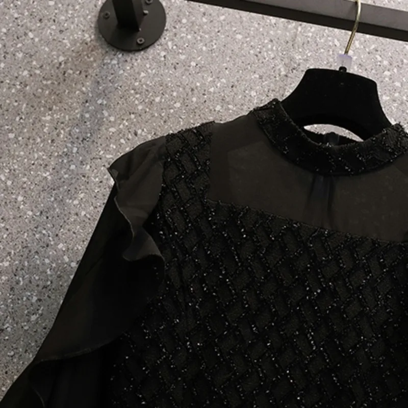 Женское винтажное твидовое платье черное Сетчатое лоскутное с оборками и