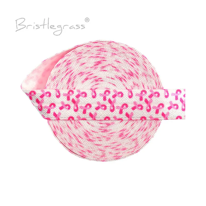 BRISTLEGRASS 100 Yard by Roll 5/8&quot 15mm Pink Breast Cancer Awareness Print FOE Fold Over Elastic Spandex Satin Band Dress Sewing |