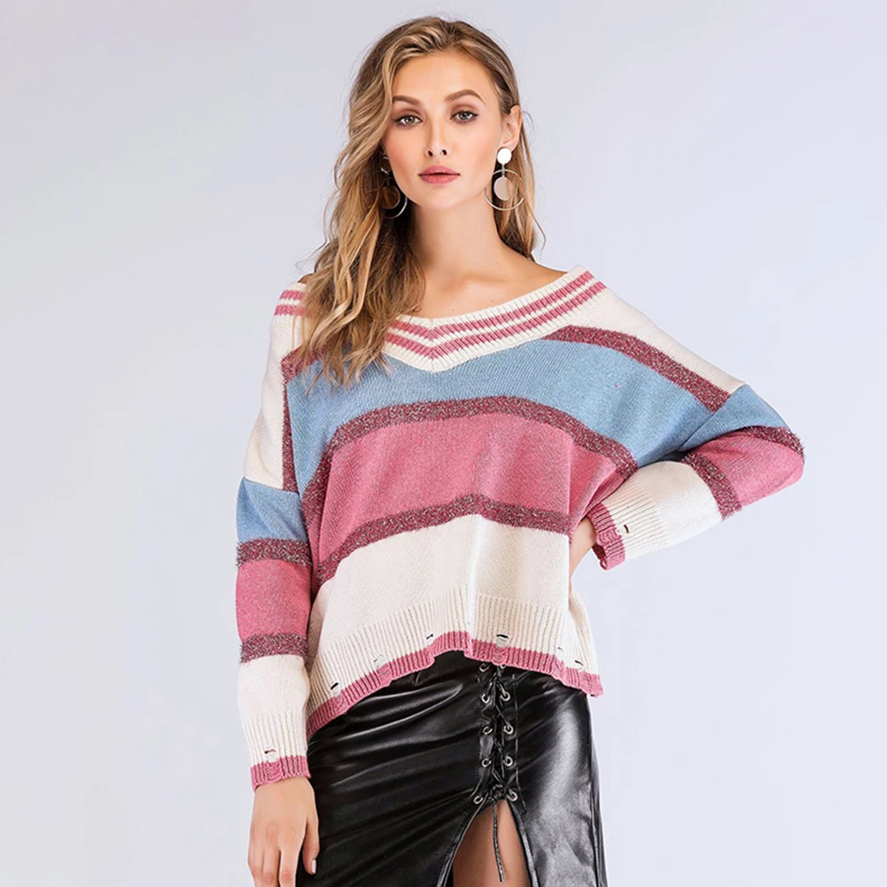Осень Зима Элегантный V образным вырезом контрастный цвет полосатый вязаный