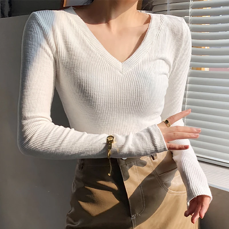 

V Neck Screw Thread T Shirt Women Long Sleeve Top Slim Elasticity Woman Tshirts Autumn Cotton Tee Shirt Femme Camisetas De Mujer