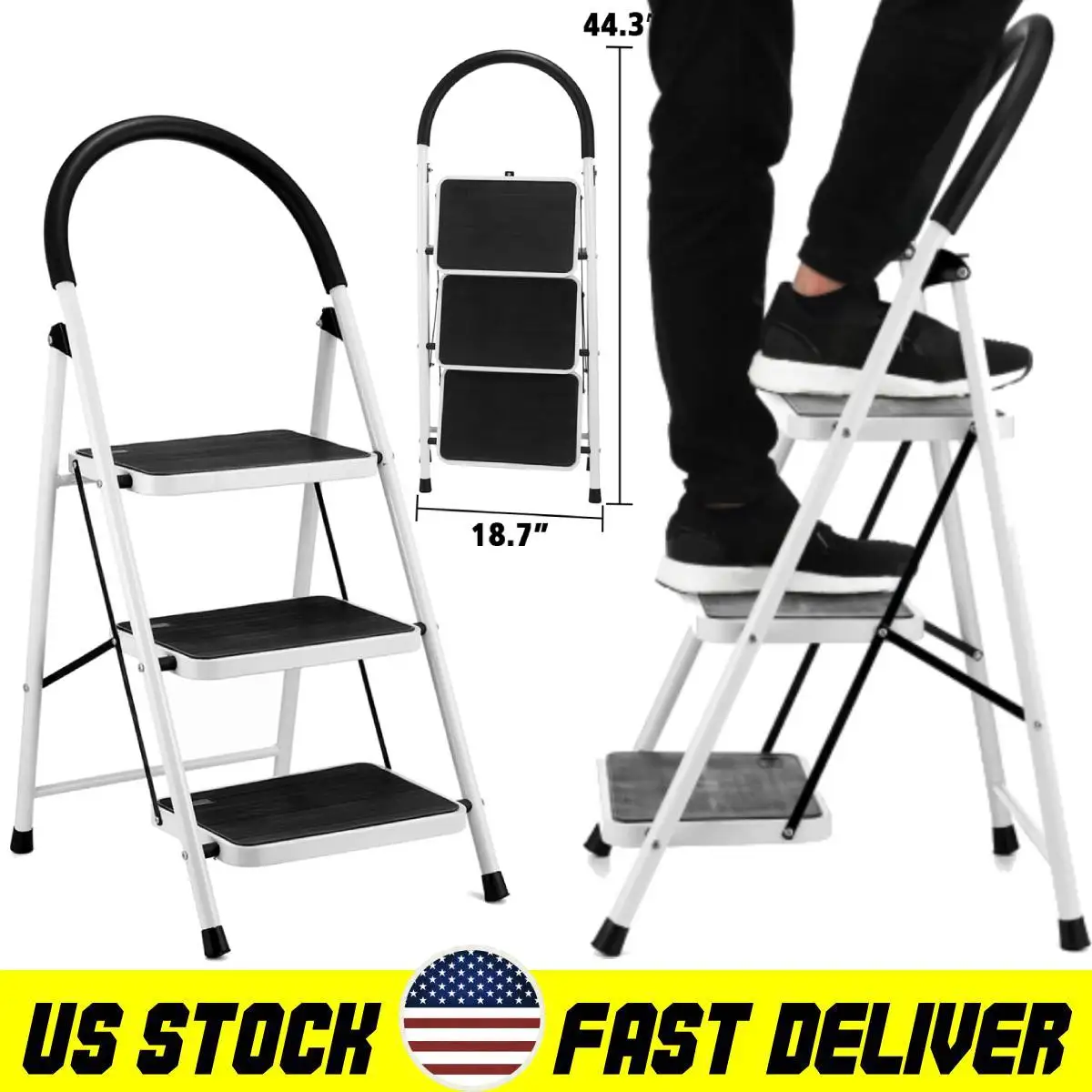 

Домашняя трехступенчатая складная лестница с резиновой рукояткой, широкая Нескользящая стальная прочная лестница для кухни, США