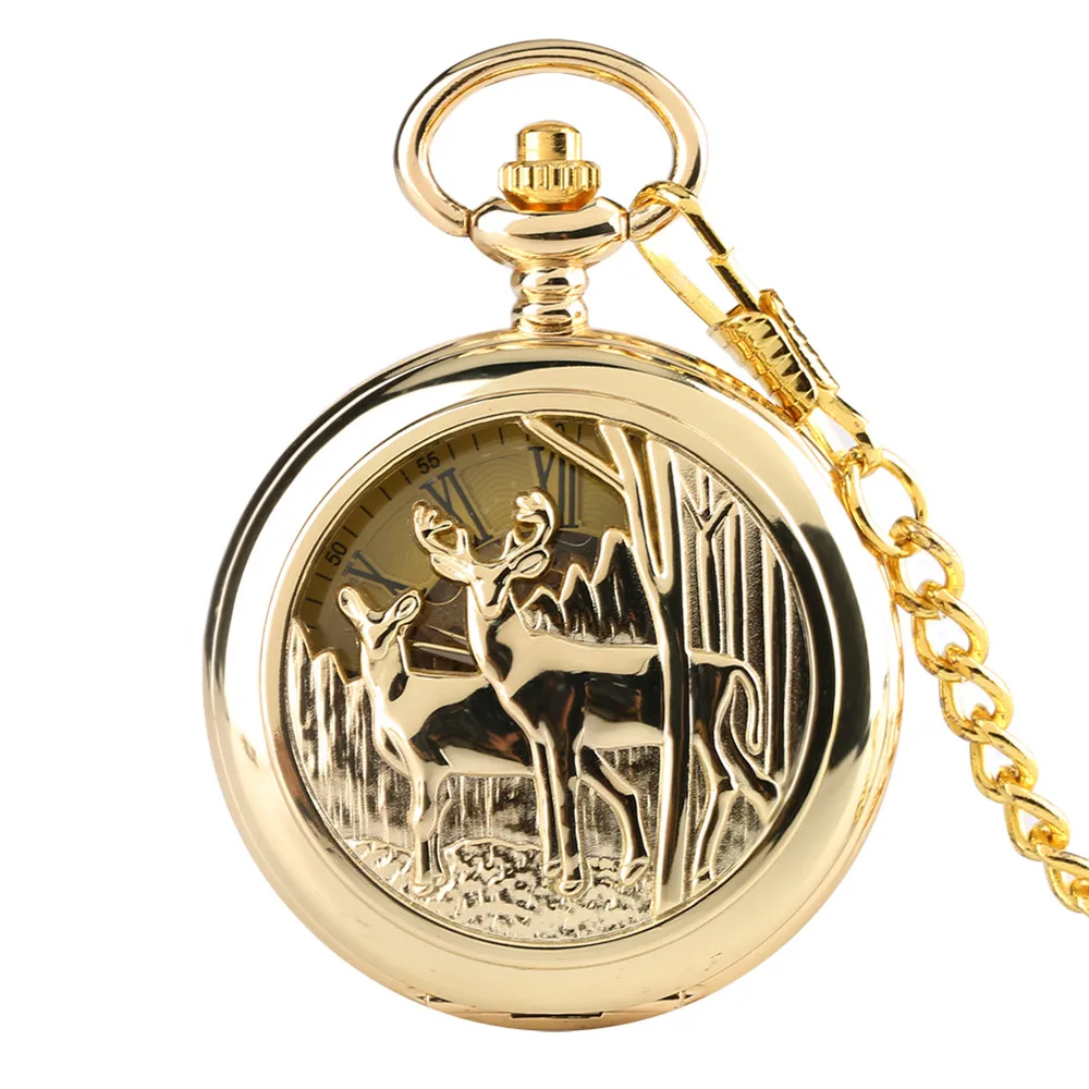 Golden Elk Mechanical Pocket Watch Roman Numerals Dial Double Open Face Pendant Manual Mechanism Fob Chain Timepiece Male Gifts