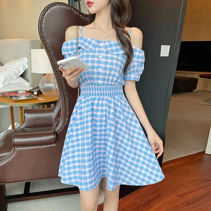 

Plaid Tank Dress Slash Neck Women Summer Dresses Short Sleeve Lady A-Line Mini Chiffon Dress Slim Casual Fashion Vestidos #D01