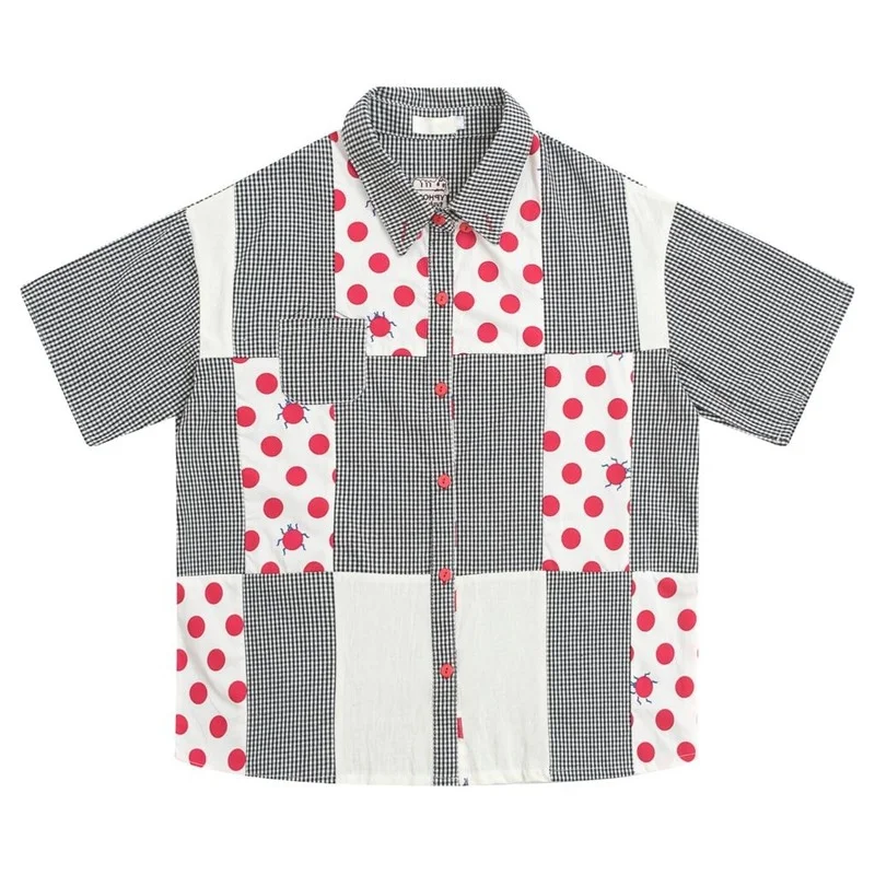 

Polka Dot Graphic Print Women Shirts 2021 Summer Short Sleeve Turndown Collar Korean Fashion Ladies Patchwork Blouse And Tops