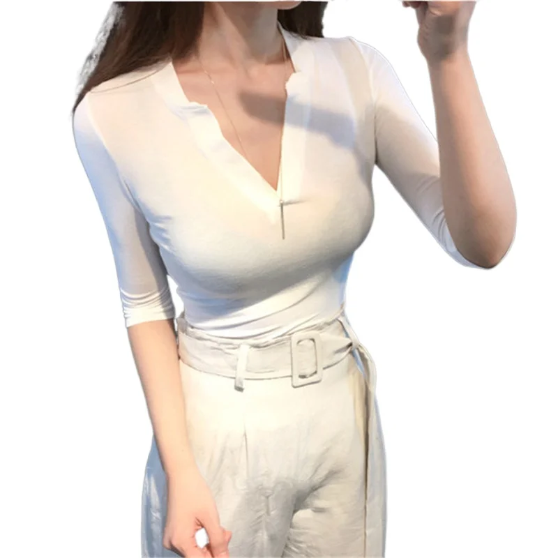 

2021 Summer New Sexy Half-Open Collar Micro Transparent Comfortable Half Sleeve T-Shirt For Women