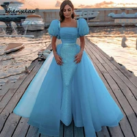 chenxiao blue short puff sleeves prom dresses mermaid sequined organza evening dress pleats backless women party gowns 2022