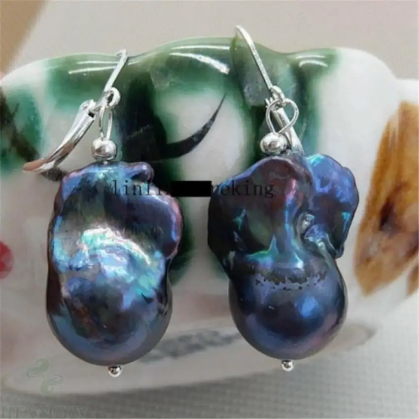

15-23mm Peacock Blue Baroque Pearl Earrings Diy Silver Hook classic Cultured peacock pendulous Mesmerizing