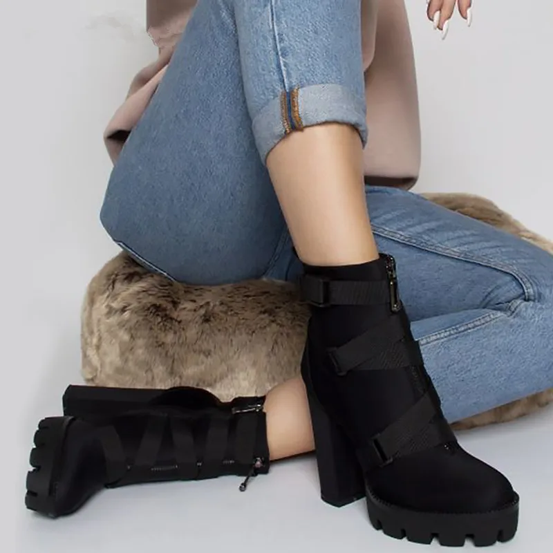 Женские ботильоны на платформе MORAZORA черные и высоком каблуке вечерние молнии с