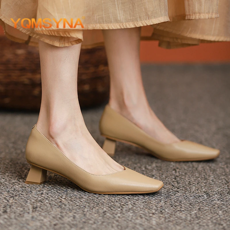 

YQMSYNA New Pumps Women Concise Square Heel Square Toe Shallow Slip-On Office & Career High Heels Shoes Commute Women Shoes AS53