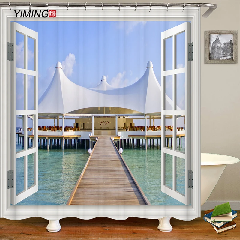 

Variety of bathroom shower curtains, beach scenery, beach printing, polyester waterproof curtains, home decoration