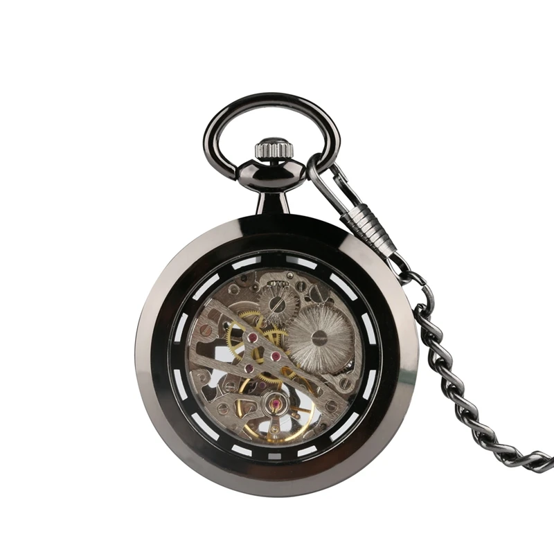 

Simple Round Dial Retro Black Mechanical Pocket Watch Hand Winding Steampunk Watch Chain Roman Numeral Open Face Clock Top Gifts