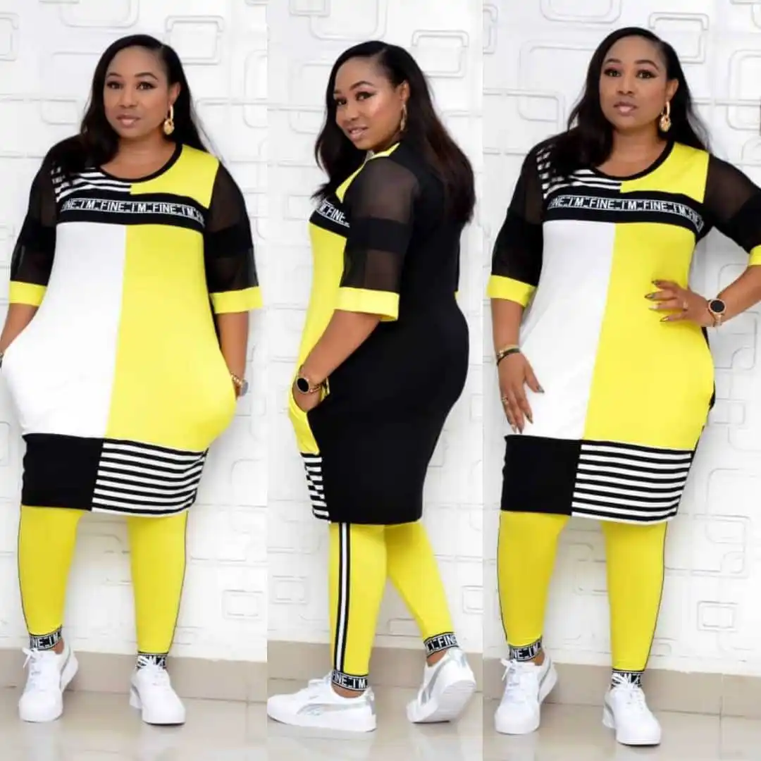 

African Women's Wear 2020 New Striped Mesh Stitching plus Size Casual Suit Trousers Two-Piece Set