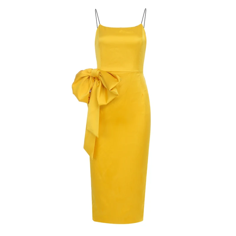 INDRESSME, летнее Новое Женское Клубное платье, сексуальное, модное, однотонное, без рукавов, без спинки, без бретелек, с бантом, с вырезами, женское платье миди - Цвет: Yellow