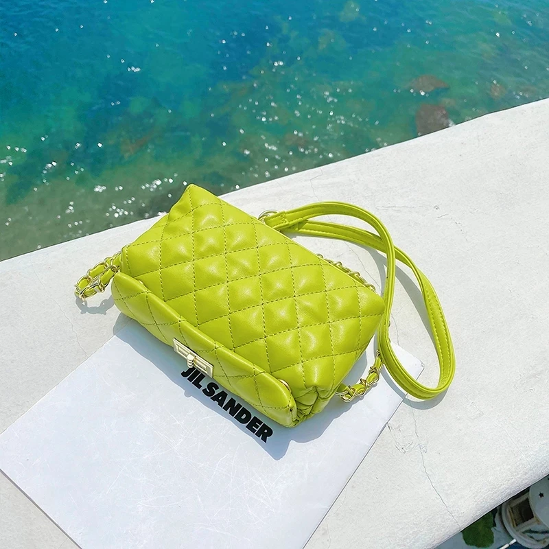 New Design Trendy Green Lingge Chain Shoulder Bag Female Small Box Crossbody Bag Branded Women Summer All-match Messenger Bags