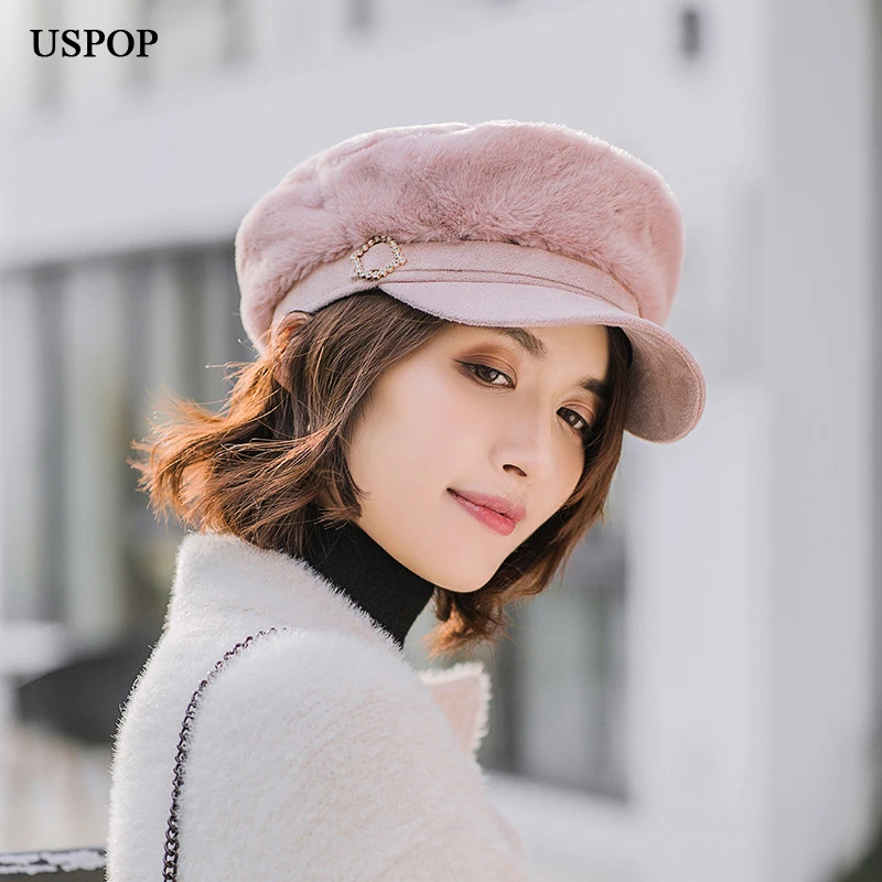 USPOP 2019 Women newsboy caps thick warm winter diamond buckle military patchwork velvet flat top visor |