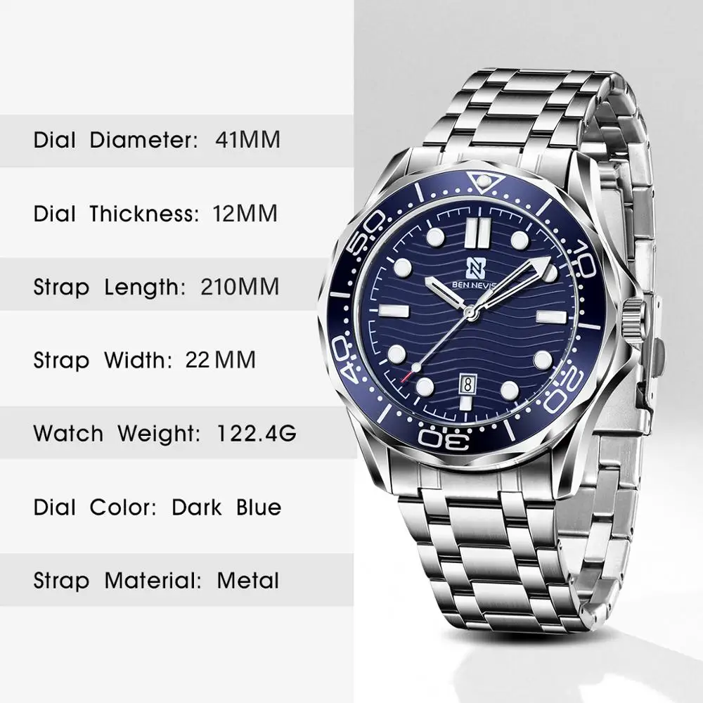 

Fashion Dark Blue Dial Quartz Watches Mens 2020 Calendar Display Waterproof Luxury Top Brand Horloges Mannen