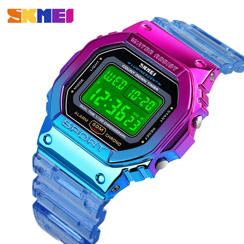 

SKMEI 1622, женские часы для девушек, гальванизированный чехол, прозрачный ремешок, женские цифровые наручные часы, противоударные reloj mujer