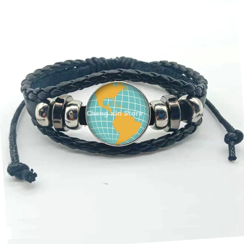 Лидер продаж винтажный кожаный браслет с картой мира со стеклянным куполом