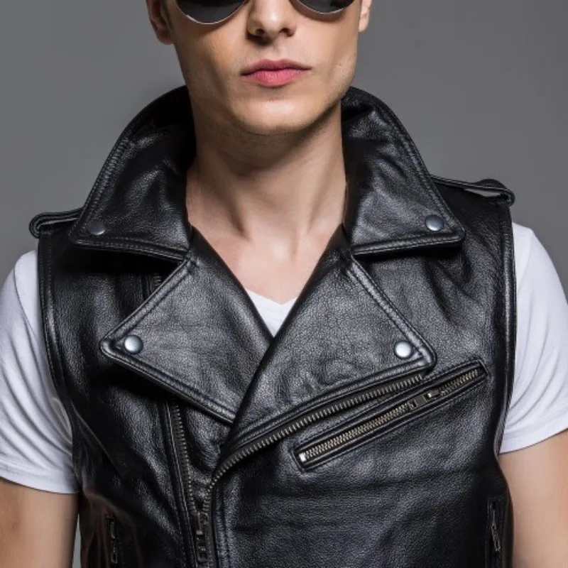 

High Quality Luxury Mens Vest Fashion Solid Lapel Collar Outerwear Pocket Zipper Male Coats Casual Sleeveless Motorcycle Jacket