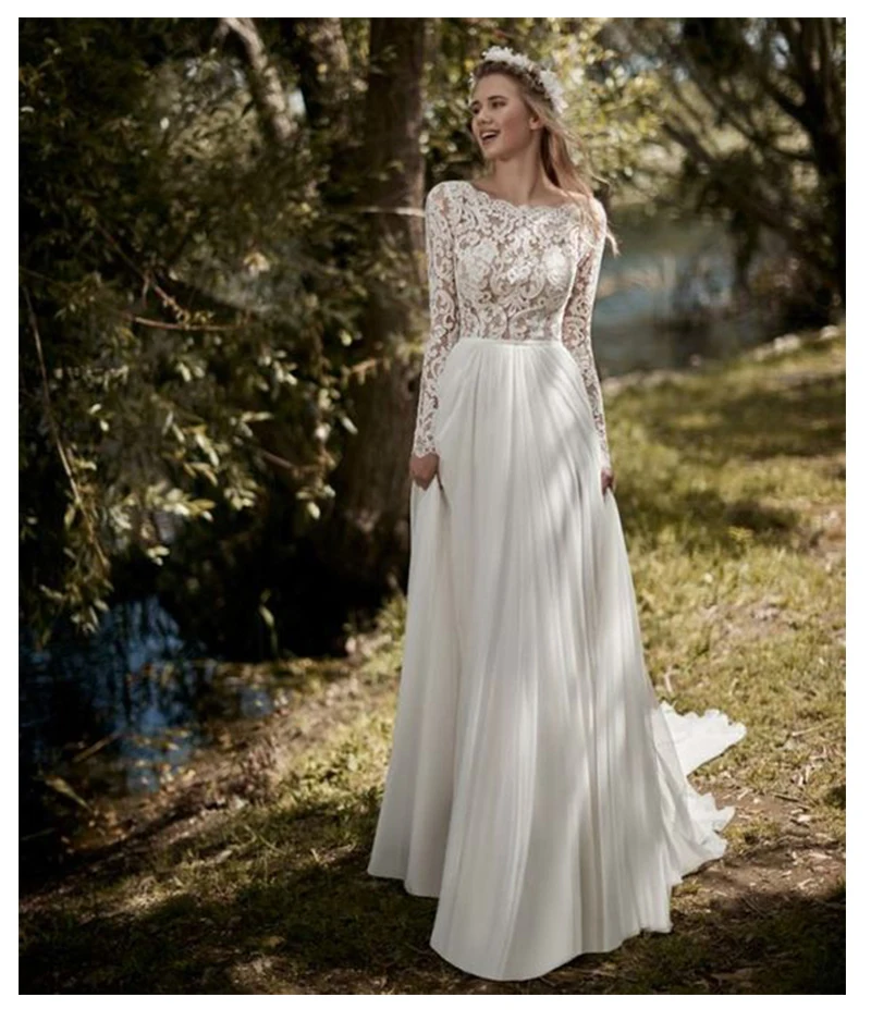 

Sexy Long Lace Sleeve Boho Wedding Dress Scoop Neck Chiffon Wedding Dresses A Line Custom Made Bride Dress abiti da sposa 2020