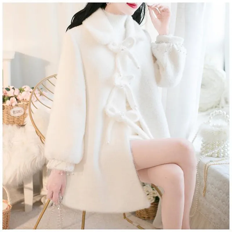 

Новинка 2020, Женское шерстяное пальто на осень и зиму, милая норковая куртка с бантом, женское свободное плотное шерстяное пальто с бусинами, ...