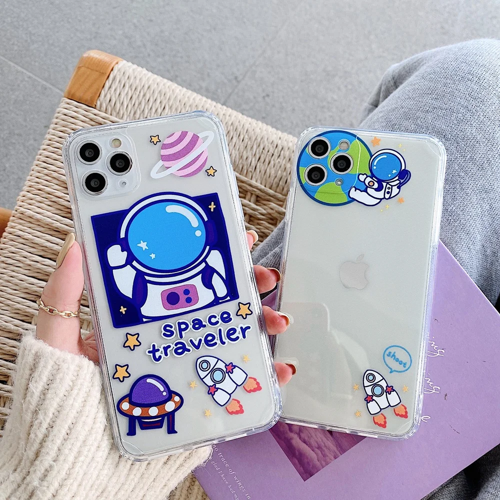 

Милый мультяшный чехол для телефона с изображением космоса астронавта пары для iPhone 11 Pro Max X XS XR 7 8 Plus 12 Mini прозрачный мягкий противоударный че...