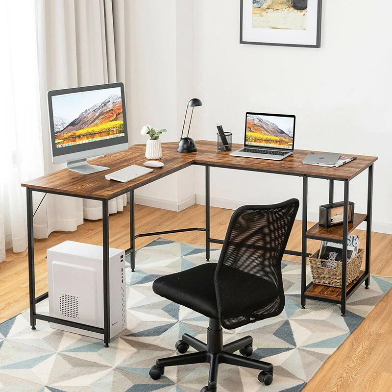 

Industrial Style L Shaped Corner Computer Desk Thickened Board Sturdy Metal Frame Storage Shelves Home Office Workstation