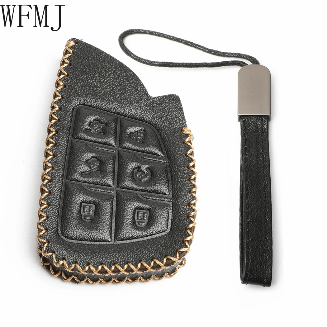 

WFMJ Black Leather for Chevrolet Suburban Tahoe 2021 6 Buttons Smart Remote Key Fob Case Holder Cover Chain