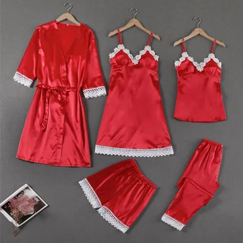 Атласный Женский домашний халат сексуальный кружевной Пижамный костюм