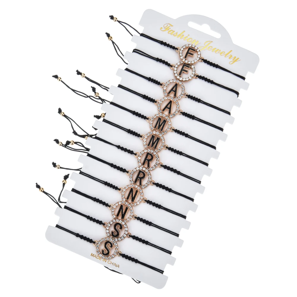 12 pieces Hollow Round Letter Charm Bracelet Set For Kid Handmade Adjustable Alphabet Rhinestone Wristband Women Fashion Jewelry | Украшения