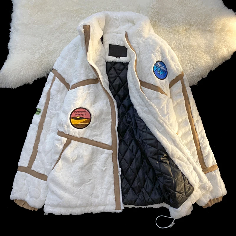 

White Plush Comfort Soft Oversize Jackets for Women Winter Thick Harajuku Jackets Vintage Stand Collar Streetwear Female Jacket
