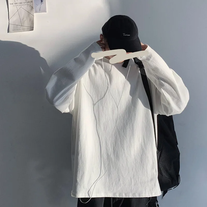 

O-neck Solid Color T-shirt Men Korean Fashion Loose Casual T-shirt Men Harajuku Streetwear Wild Long-sleeved T-shirt Men