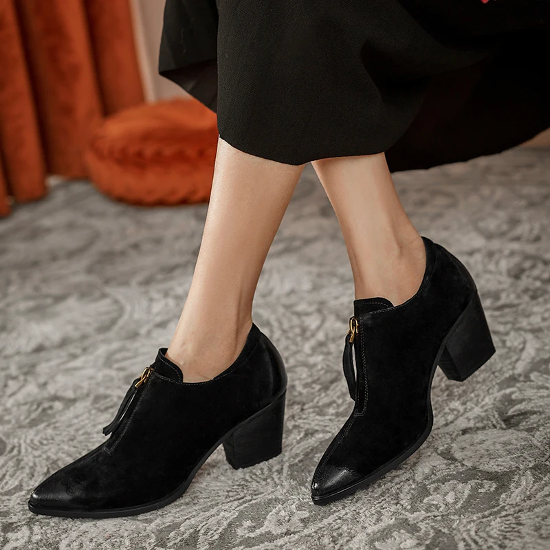 

QUTAA 2021 Women Pumps Pigskin Zipper Square High Heels Spring Autumn Pointed Toe Fashion Female Shoes Big Size 34-42