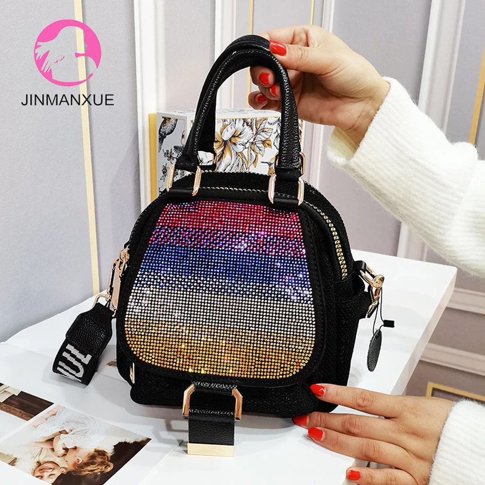 

Fashion Rainbow Diamond Mesh Sequins With Leather Female Backpack Casual Multi-purpose Shoulder Messenger Bag Versatile Handbags