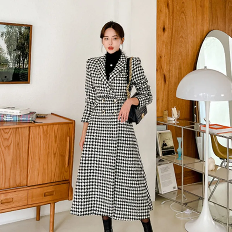 

Женское шерстяное пальто в Корейском стиле, модная двубортная винтажная клетчатая женская верхняя одежда, осень-зима