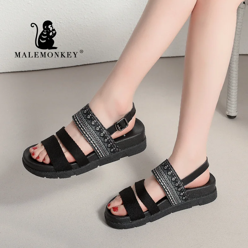 Женские пляжные сандалии MALEMONKEY черные повседневные на плоской платформе с