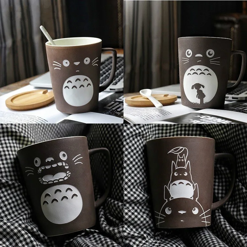 350 / 520ml Cartoon Totoro large-Capacity Handmade Ceramic Coffee Mug With lid And Spoon Frosted Pottery Office Coffee Cups