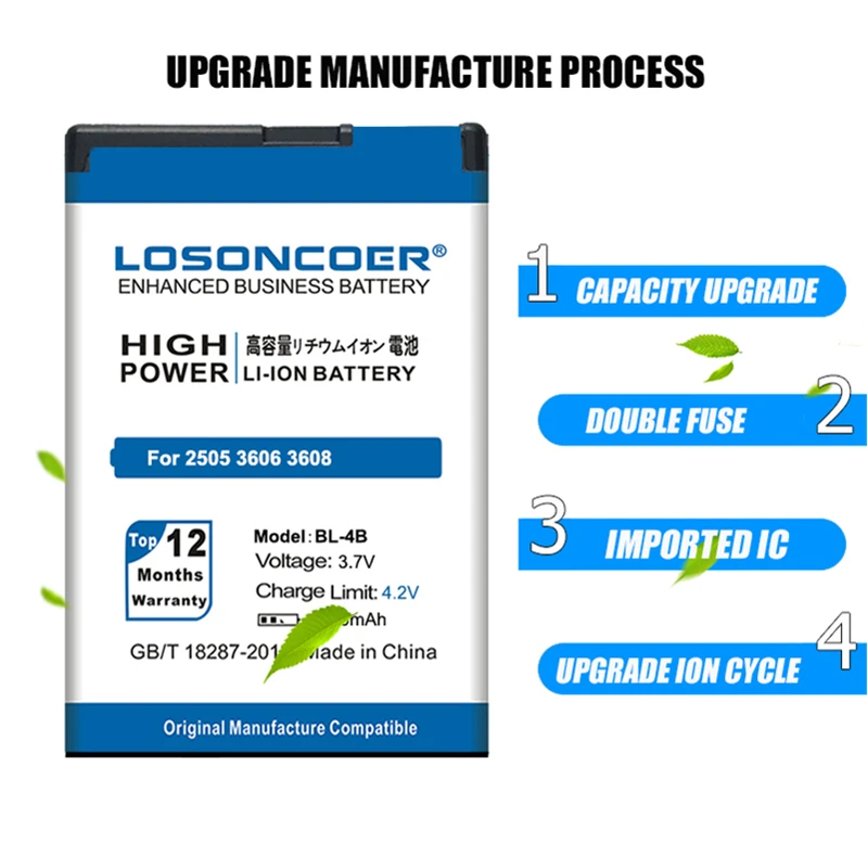 100% Оригинальный LOSONCOER 3350 мА/ч BL-4B Батарея для NOKIA 2505 3606 3608 2670 2660 2630 5000 6111 7070 7088 7370 7373