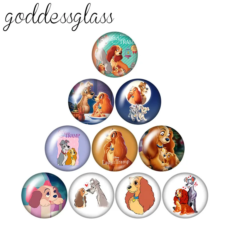 Disney Lady and the Tramp Dogs 10pcs 12mm/18mm/20mm/25mm Round photo glass cabochon flat back Necklace Making findings