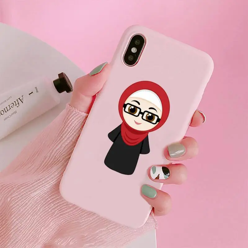 

Muslim Islamic Arabic Hijab Face Gril lovely Phone Case Candy Color for iPhone 6 7 8 11 12 s mini pro X XS XR MAX Plus