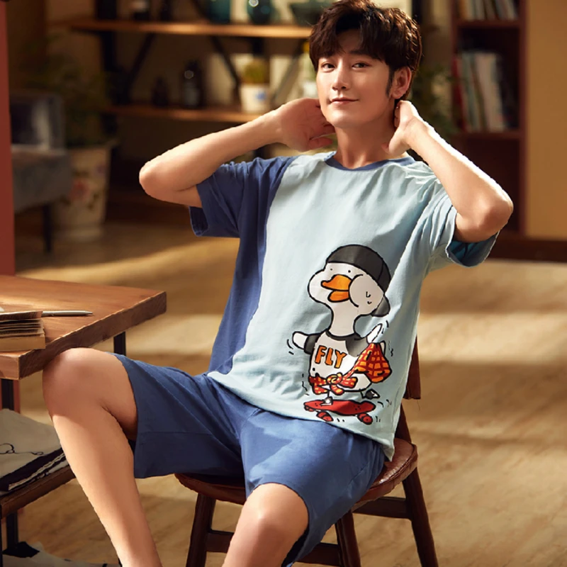 

L-3XL Plus Sizes Mens Sleepwear Pajamas Men Summer Cotton Short Sleeved Shorts Pajamas Set Print Fly Duck Section Home Suit Man